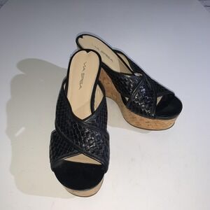 Via Spiga Shoes Womens Size 8.5 Black Wedge Heel Sandal Cork Leather Upper